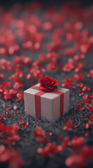 Canvas Print - surprise gift adorned with red rose sits amidst sea of red petals, creating romantic and enchanting atmosphere. Perfect for special occasions