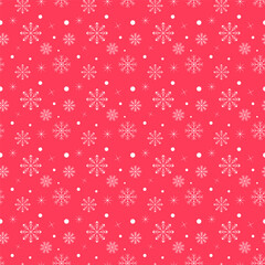 Wall Mural - Christmas snowflakes repeat pattern. Seamless pattern of white snow flakes isolated on red background.Vector graphic illustration wallpaper for winter.
