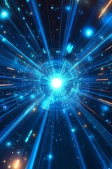 Poster - This abstract artwork illustrates speed and technology with vibrant blue rays converging at a glowing center, symbolizing timeless movement and dynamic energy that invites contemplation