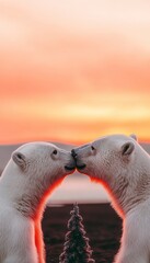 Wall Mural - Two polar bears nuzzle at sunset.