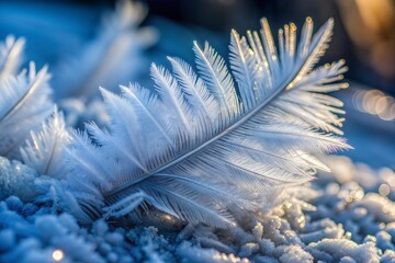 Frosted white feather with delicate ice texture in sunlight