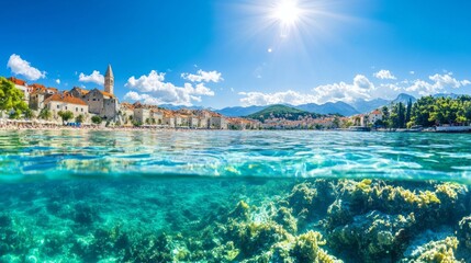 Poster - A beautiful blue ocean with a mountain range in the background