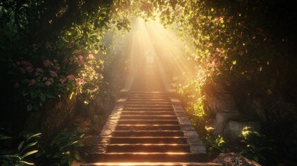 Poster - A forest with a path leading up to a staircase