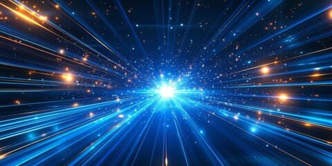 Poster - An abstract artistic representation of light speed with vibrant blue rays, glowing flares, and dynamic motion blur, evoking themes of technology and science, intertwining both fields