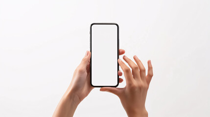 Using Telephone: POV first-person close-up view photo of female hands using a telephone and touching the screen with copy space, isolated on a white background.