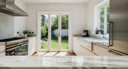 Modern Kitchen interrior room with white marble empty table blurred background mockup