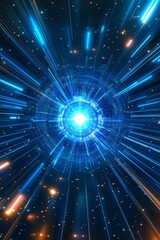 Poster - An artistic representation of light speed shows vibrant blue laser rays from a glowing center, evoking advanced technology and a futuristic design that captures the cosmoss immense potential