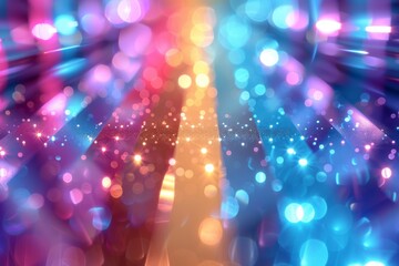 Colorful bokeh lights create a dreamy background with a blend of purple, blue, and orange hues. Concept of vibrant, abstract illumination. For digital backgrounds or festive designs