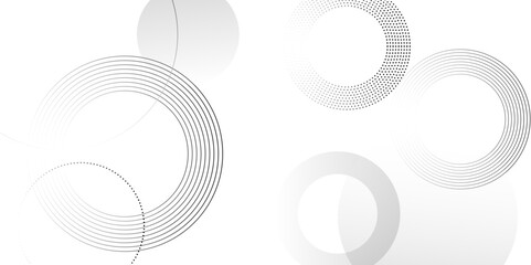Poster - Abstract white background with black circle rings. Spiral sound wave rhythm line and dots dynamic abstract background, Vector illustration design for presentation, banner, cover, poster, texture Etc.	