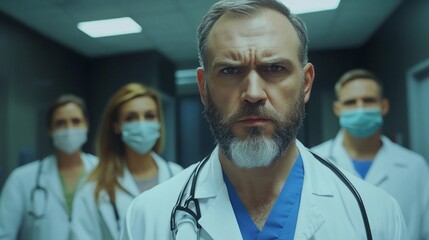 Wall Mural - A group of doctors wearing white coats and blue scrubs stand in a hallway