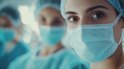 Wall Mural - A woman in a blue surgical mask is standing in front of two other women in blue