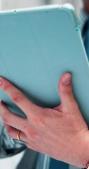 Aufkleber - Tablet, hands and person in city with business research for finance forecasting report online. Digital technology, closeup and financial advisor with stock market investment for revenue or profit.