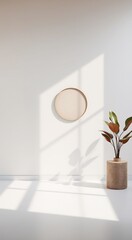 A simple minimal home decor with a wooden frame on a white wall, a plant in a textured pot, and sun rays.