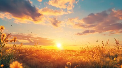 Poster - A field of yellow flowers with a bright orange sun in the sky