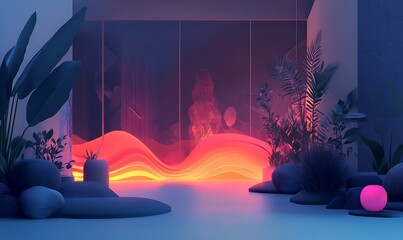 Poster - A surreal scene featuring glowing waves and lush plants in a serene, modern space.