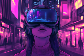 Poster - A woman wearing VR goggles in a neon-lit urban environment, exploring virtual reality.