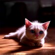 © 3D PIXEL - Adorable white kitten resting on a wooden floor. Concept of cuteness and tranquility.