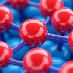 Poster - Abstract 3D rendering of red and blue spheres connected by blue rods, representing a molecular structure or network.