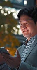Aufkleber - Phone, typing and night with business with Japanese man in city for online report, contact or chat. Networking, communication and email with employee and mobile for website launch, technology and app