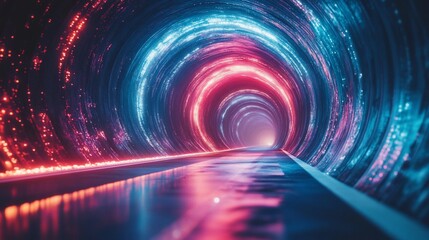 Wall Mural - Futuristic neon tunnel with glowing lights and reflective surface.