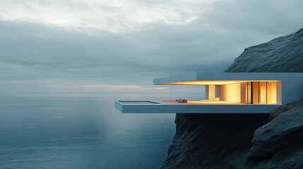 Wall Mural - Modern Cliffside House with Ocean View at Dusk in Serene Landscape