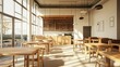 © PRIMPROW - Minimalist coffee shop in white and brown hues, featuring wooden tables for work and an expansive seating area filled with natural light