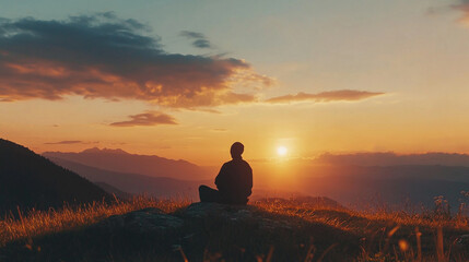 A serene silhouette of a person sitting on a rock, gazing at a breathtaking sunset over mountainous landscapes, embodying peace and reflection.