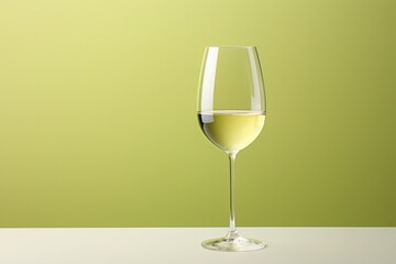 A simple yet sophisticated glass of white wine, set against a soft green backdrop that enhances its bright hue. The composition emphasizes the wine's clarity and the glass's delicate shape