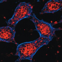 Poster - Microscopic view of cells, red and blue fluorescence, intricate network.