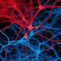 Poster - Microscopic view of neurons, red and blue neural network, complex connections, synapses.