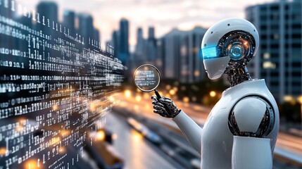 Poster - A humanoid robot inspects data with a magnifying glass, surrounded by floating numbers and code symbols, showcasing advanced technology