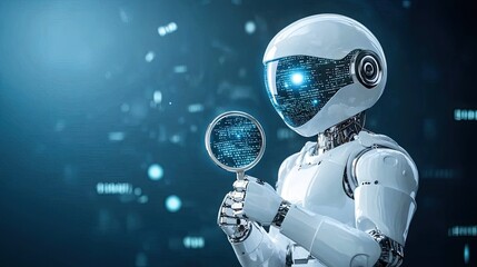 Poster - A humanoid robot inspects data with a magnifying glass, surrounded by floating numbers and code symbols, showcasing advanced technology