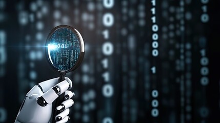 Poster - A humanoid robot inspects data with a magnifying glass, surrounded by floating numbers and code symbols, showcasing advanced technology