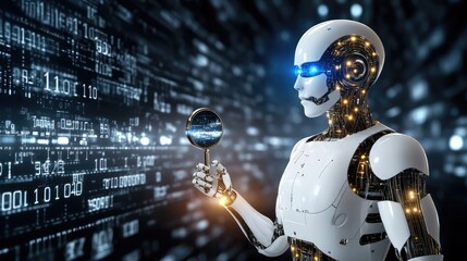 Poster - A humanoid robot inspects data with a magnifying glass, surrounded by floating numbers and code symbols, showcasing advanced technology