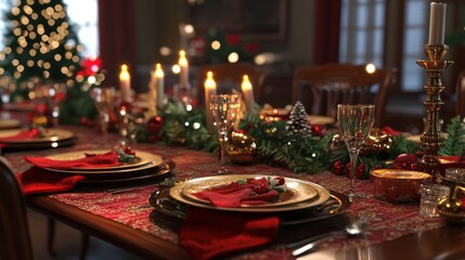 Poster - A table is set for a Christmas dinner with a red tablecloth