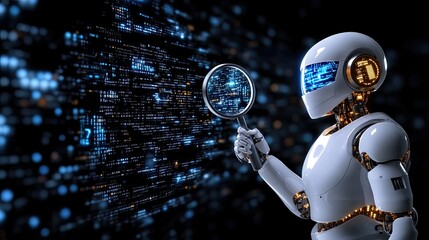 Poster - A humanoid robot inspects data with a magnifying glass, surrounded by floating numbers and code symbols, showcasing advanced technology