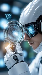 Poster - A humanoid robot inspects data with a magnifying glass, surrounded by floating numbers and code symbols, showcasing advanced technology