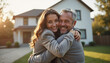 © Xenia - Couple happily embracing outside their new house, celebrating their joy in the moment of homeownership.