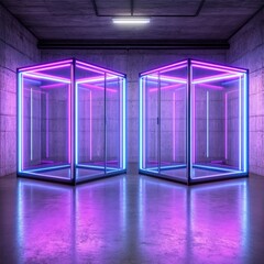 Poster - Two glass cubes with neon lighting in a concrete room.