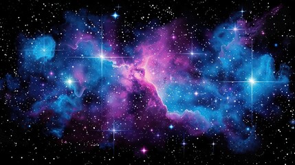 A vibrant nebula with swirling clouds of gas and dust in shades of blue and pink, illuminated by bright stars against a dark backdrop of space.