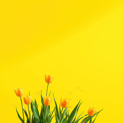 Minimalist wallpaper featuring bright yellow tulips against a monochromatic yellow backdrop, tranquil, copy space, artistic