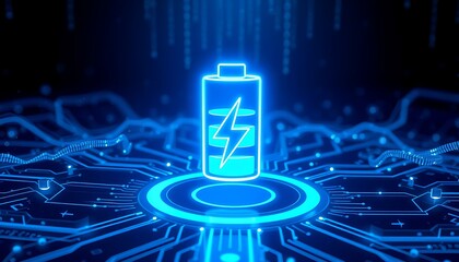 Poster - 3D Render of Battery Icon Against a Blue Digital Grid Background
