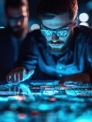 Poster - Ai technology innovator analyzing data insights in high-tech environment urban setting at night