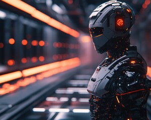 Poster - Ai-driven robot in futuristic corridor high-tech environment science fiction concept dynamic perspective