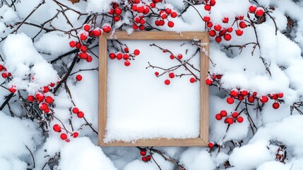 Poster - A wooden frame with red berries and snow