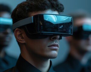 Poster - Ai-driven virtual reality experience tech convention multimedia presentation futuristic setting close-up perspective innovation showcase
