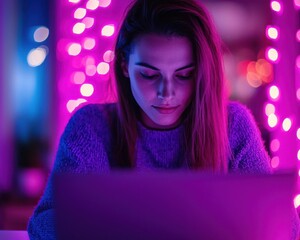 Poster - Ai-driven online interaction young woman engaged in digital work amidst neon lights home office nighttime environment