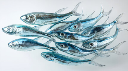 Fresh whole anchovies in silver blue tones, swimming together in dynamic formation, showcasing their sleek bodies and reflective scales