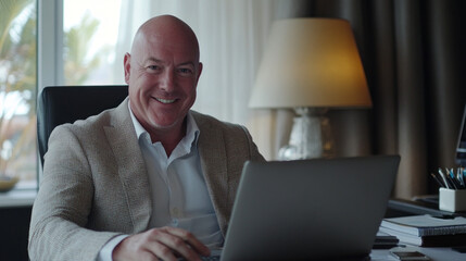 Poster - A man is sitting at a desk with a laptop in front of him