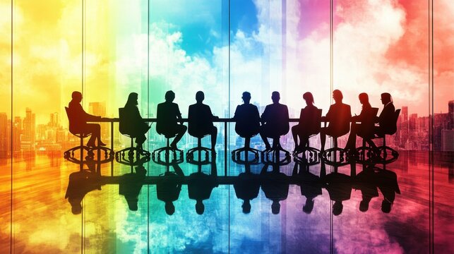 Abstract figures in a rainbow of colors brainstorming at a round table, set in a detailed, well-lit office with a panoramic city view.